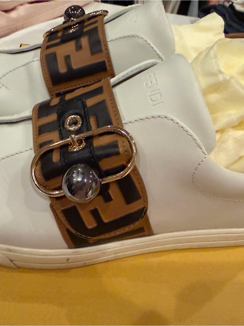 Fendi White Leather Sneakers with Brown FF Logo Strap and Gold Hardware